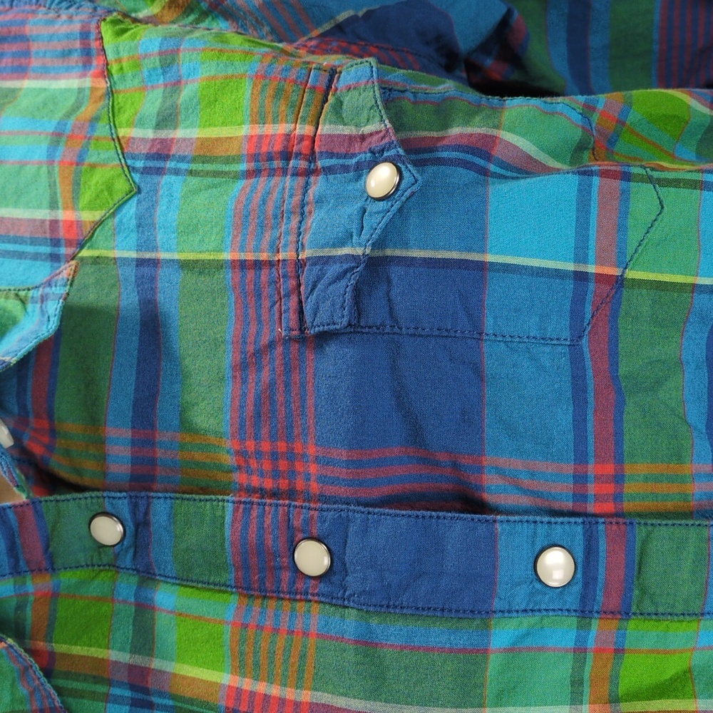 Ralph Lauren Colorful Green & Blue Plaid Snap Button-Up Shirt Large - Picture 4 of 11